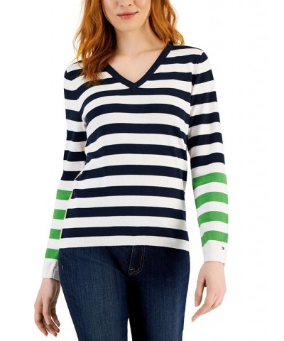 Women's Cotton V-Neck Striped Sweater Blue $24.82 Sweaters