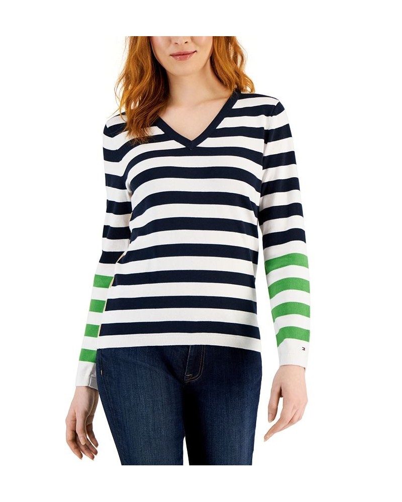 Women's Cotton V-Neck Striped Sweater Blue $24.82 Sweaters