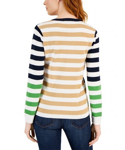 Women's Cotton V-Neck Striped Sweater Blue $24.82 Sweaters