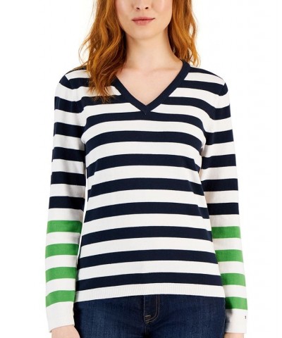 Women's Cotton V-Neck Striped Sweater Blue $24.82 Sweaters