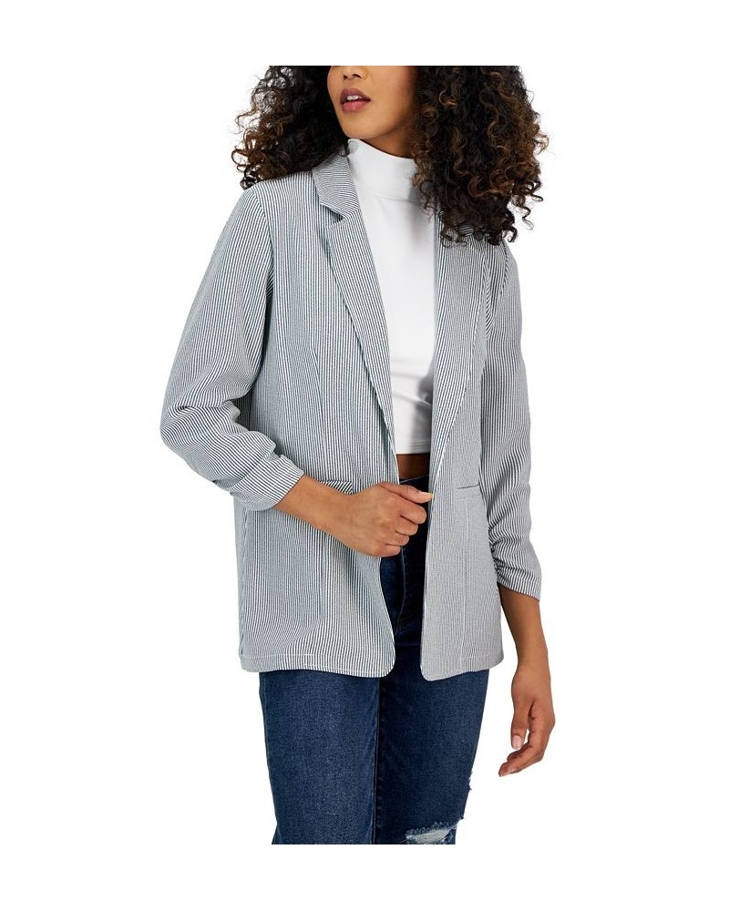 Juniors' Pinstripe Ruched 3/4-Sleeve Open-Front Blazer Black/White Stripe $12.18 Jackets