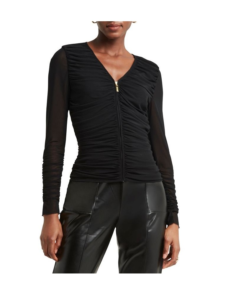 Women's V-Neck Zip Ruched Long-Sleeve Top Black $28.92 Tops