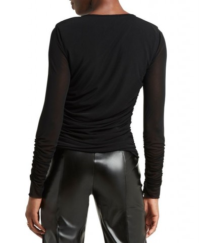 Women's V-Neck Zip Ruched Long-Sleeve Top Black $28.92 Tops