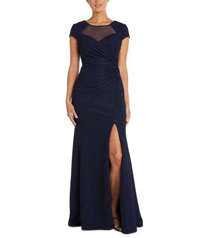 Women's Illusion-Trim Cap-Sleeve Gown Navy $74.50 Dresses