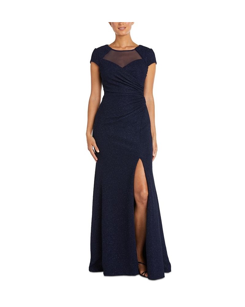 Women's Illusion-Trim Cap-Sleeve Gown Navy $74.50 Dresses