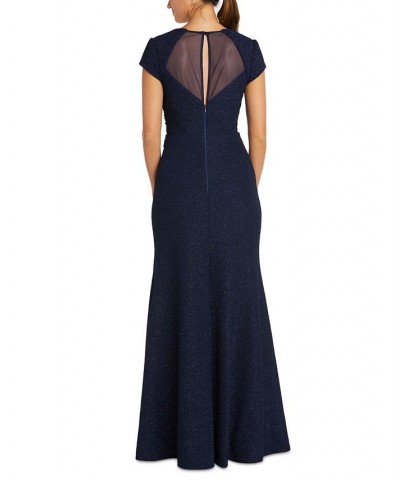 Women's Illusion-Trim Cap-Sleeve Gown Navy $74.50 Dresses