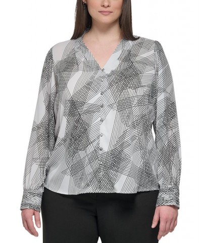 PRINTED LONG SLEEVE V-NECK WITH BUTTON FRONT DETAIL Galaxy/Black $41.42 Tops