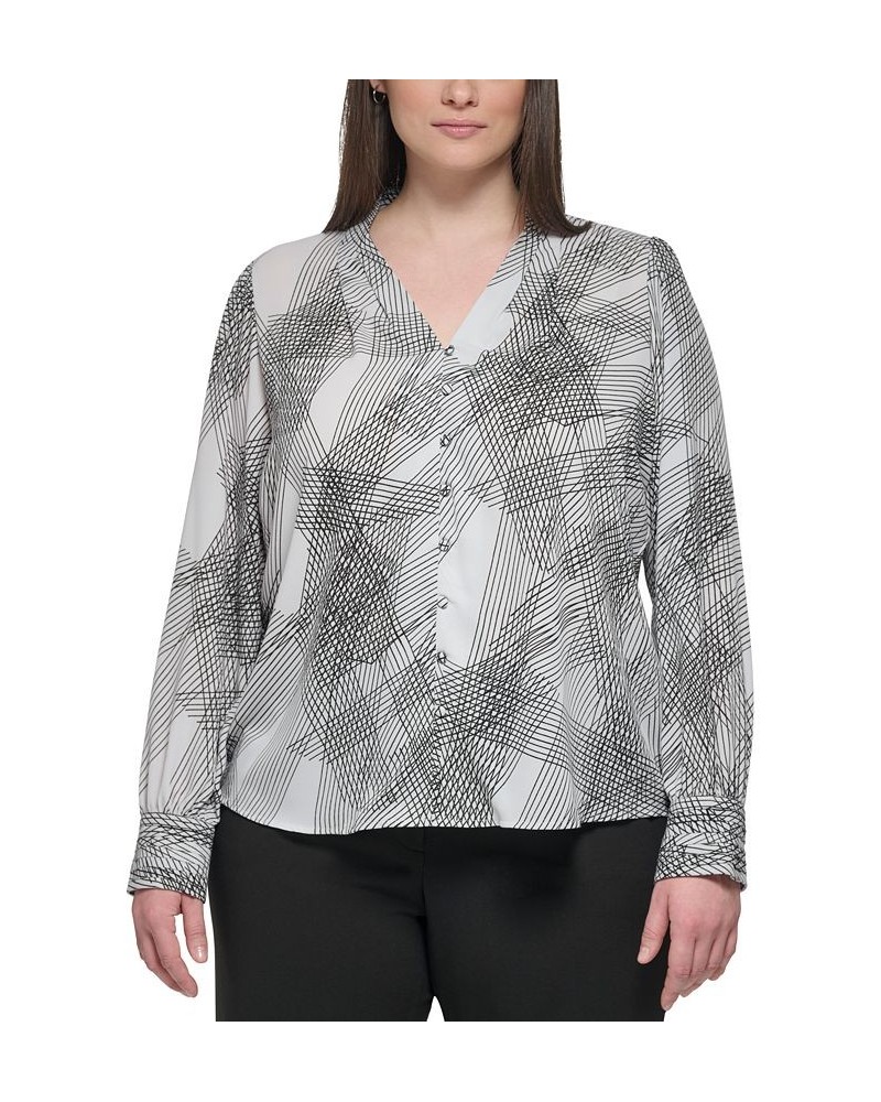 PRINTED LONG SLEEVE V-NECK WITH BUTTON FRONT DETAIL Galaxy/Black $41.42 Tops