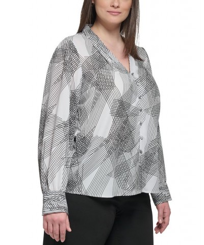 PRINTED LONG SLEEVE V-NECK WITH BUTTON FRONT DETAIL Galaxy/Black $41.42 Tops