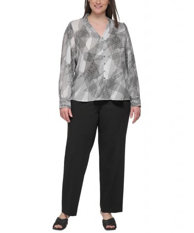 PRINTED LONG SLEEVE V-NECK WITH BUTTON FRONT DETAIL Galaxy/Black $41.42 Tops