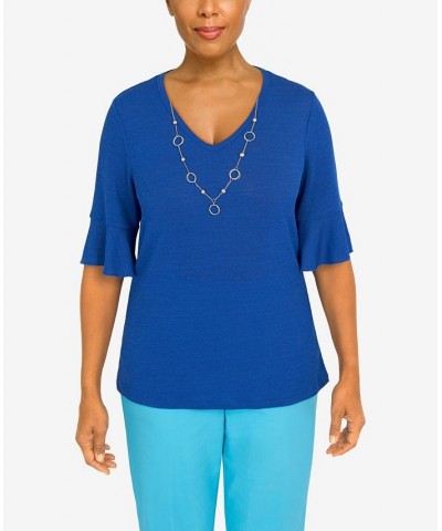 Petite Cool Vibrations Soft Fit Short Sleeve Top with Detachable Necklace Ocean Blue $32.67 Tops