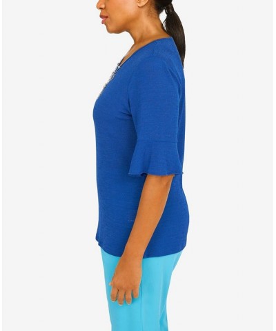 Petite Cool Vibrations Soft Fit Short Sleeve Top with Detachable Necklace Ocean Blue $32.67 Tops