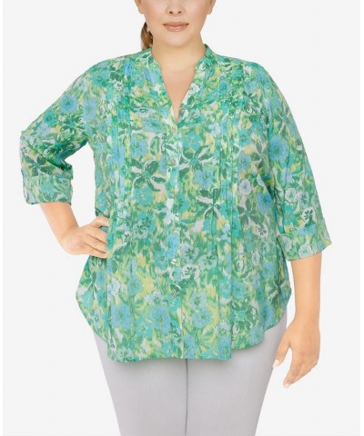 Plus Size Silky Gauze Printed Button Front Top Floral Mint Multi $31.82 Tops