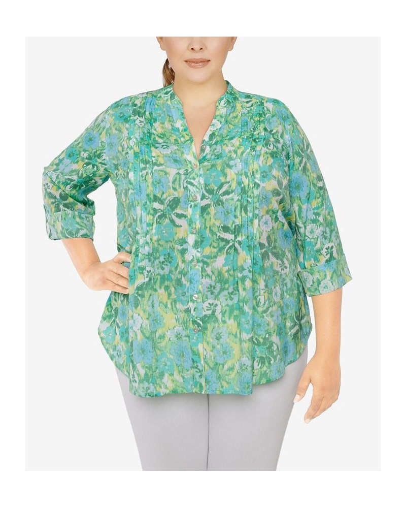 Plus Size Silky Gauze Printed Button Front Top Floral Mint Multi $31.82 Tops