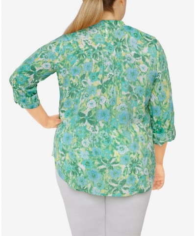 Plus Size Silky Gauze Printed Button Front Top Floral Mint Multi $31.82 Tops