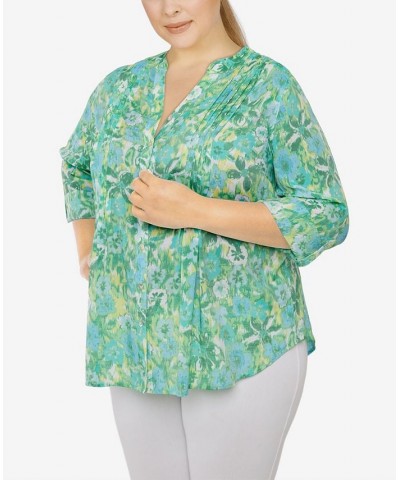 Plus Size Silky Gauze Printed Button Front Top Floral Mint Multi $31.82 Tops