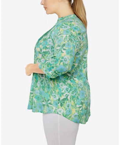 Plus Size Silky Gauze Printed Button Front Top Floral Mint Multi $31.82 Tops