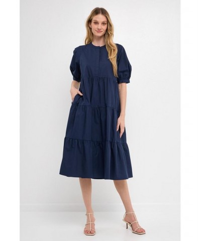 Women's Short Puff Sleeve Midi Dress Navy $47.00 Dresses