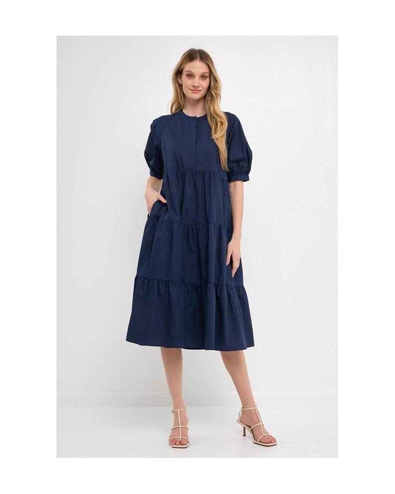 Women's Short Puff Sleeve Midi Dress Navy $47.00 Dresses