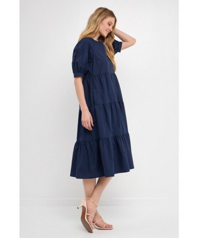 Women's Short Puff Sleeve Midi Dress Navy $47.00 Dresses