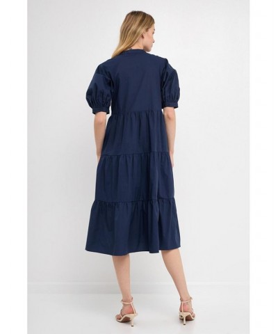 Women's Short Puff Sleeve Midi Dress Navy $47.00 Dresses