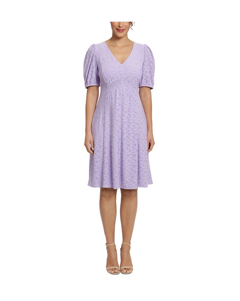 Women's Smocked Eyelet Fit & Flare Dress Violet $46.87 Dresses