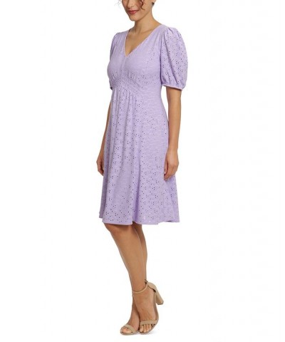 Women's Smocked Eyelet Fit & Flare Dress Violet $46.87 Dresses