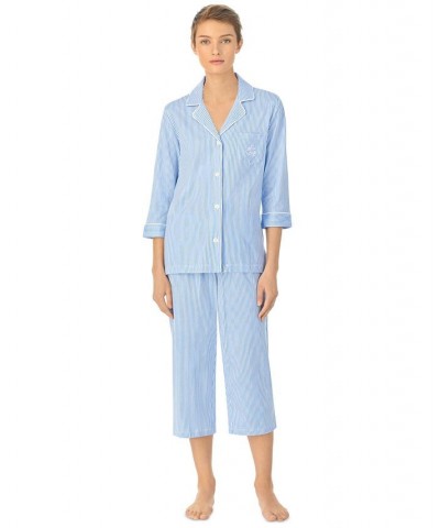 Womens 3/4 Sleeve Cotton Notch Collar Capri Pant Pajama Set French Blue Stripe $38.22 Sleepwear