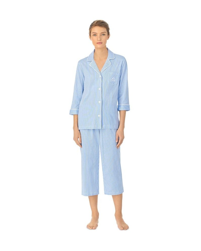 Womens 3/4 Sleeve Cotton Notch Collar Capri Pant Pajama Set French Blue Stripe $38.22 Sleepwear