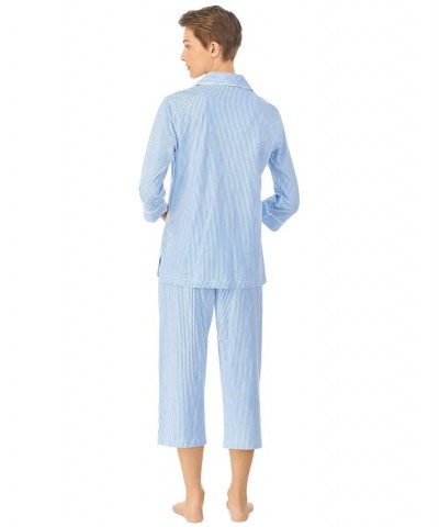 Womens 3/4 Sleeve Cotton Notch Collar Capri Pant Pajama Set French Blue Stripe $38.22 Sleepwear