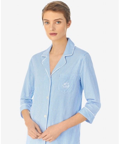 Womens 3/4 Sleeve Cotton Notch Collar Capri Pant Pajama Set French Blue Stripe $38.22 Sleepwear