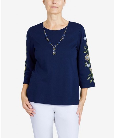 Women's Bright Idea Embroidered Sleeve Everyday Top Navy $20.01 Tops