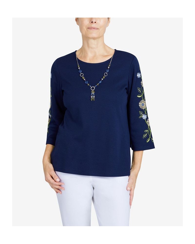 Women's Bright Idea Embroidered Sleeve Everyday Top Navy $20.01 Tops