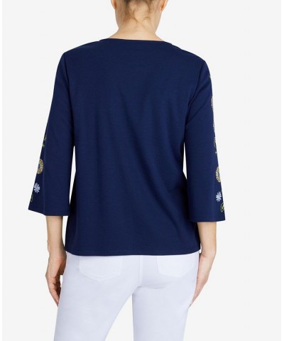 Women's Bright Idea Embroidered Sleeve Everyday Top Navy $20.01 Tops