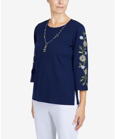 Women's Bright Idea Embroidered Sleeve Everyday Top Navy $20.01 Tops