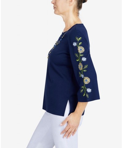 Women's Bright Idea Embroidered Sleeve Everyday Top Navy $20.01 Tops