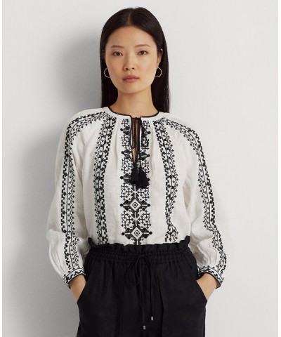 Petite Blouson-Sleeve Bohemian-Inspired Top White Multi $88.15 Tops