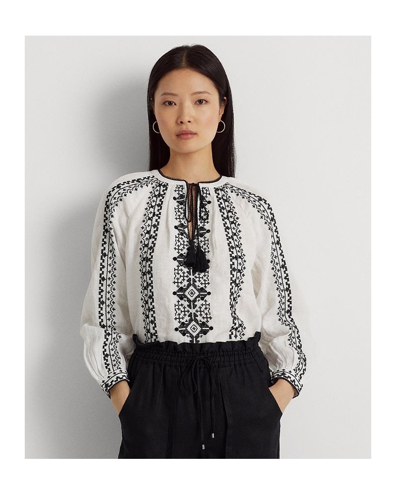 Petite Blouson-Sleeve Bohemian-Inspired Top White Multi $88.15 Tops