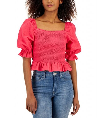 Women's Cropped Smocked Short Sleeve Top Pink $37.37 Tops
