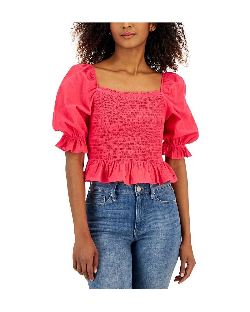 Women's Cropped Smocked Short Sleeve Top Pink $37.37 Tops