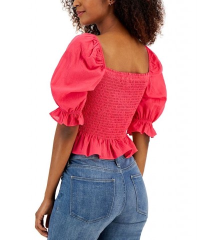 Women's Cropped Smocked Short Sleeve Top Pink $37.37 Tops