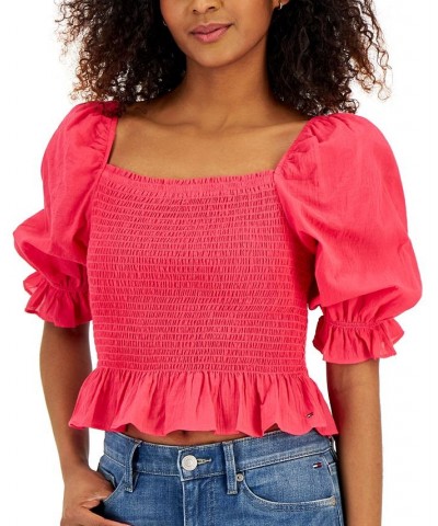 Women's Cropped Smocked Short Sleeve Top Pink $37.37 Tops