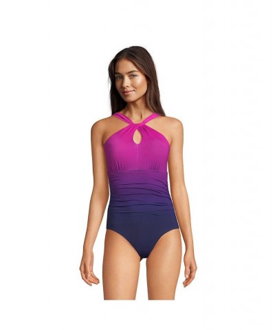 Women's Long High Neck to One Shoulder Multi Way One Piece Swimsuit Purple $59.98 Swimsuits