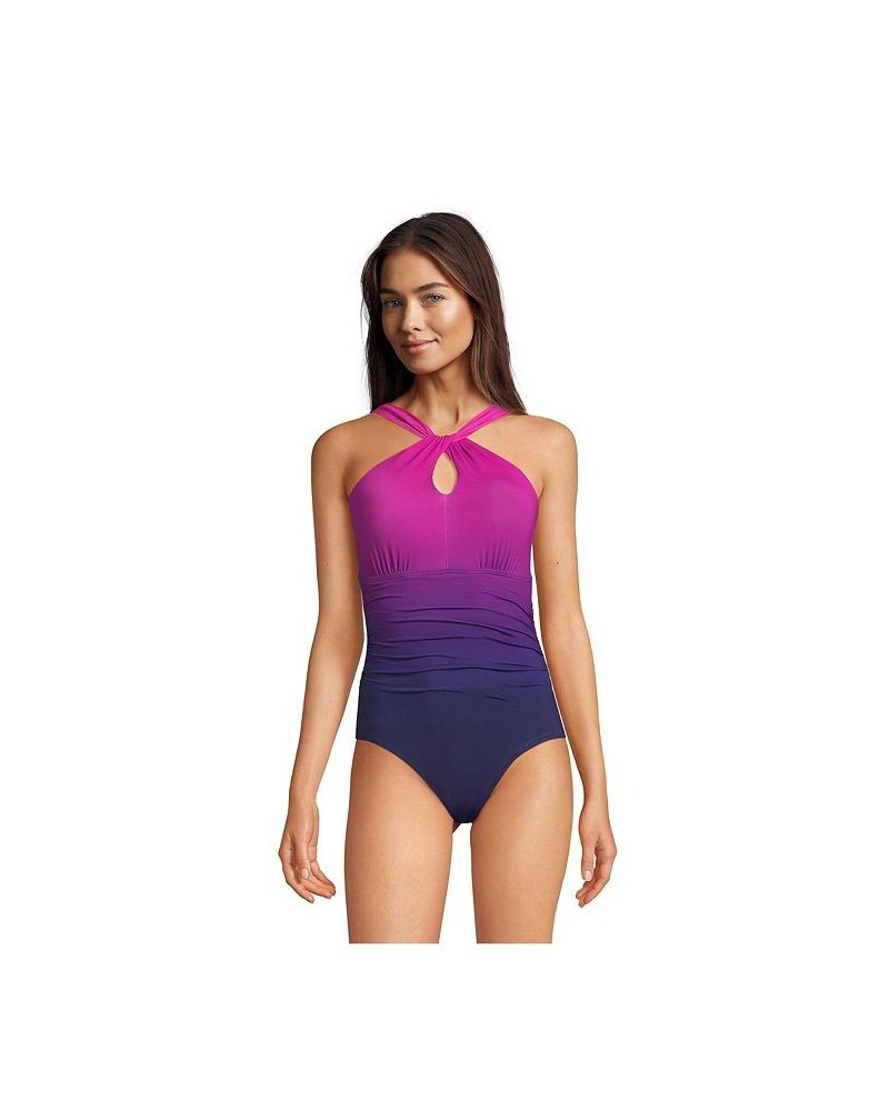 Women's Long High Neck to One Shoulder Multi Way One Piece Swimsuit Purple $59.98 Swimsuits