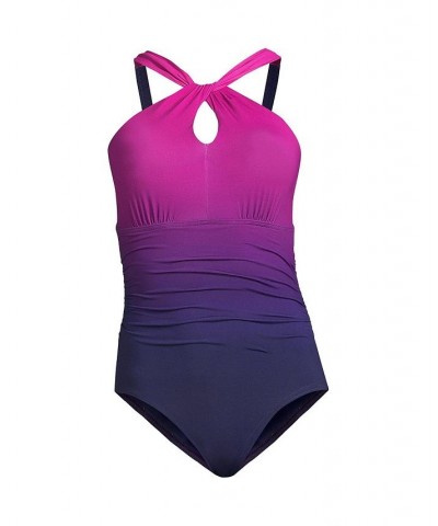 Women's Long High Neck to One Shoulder Multi Way One Piece Swimsuit Purple $59.98 Swimsuits