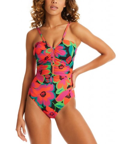 Women's Printed Gardener Shirred-Front One-Piece Swimsuit Multi $40.50 Swimsuits