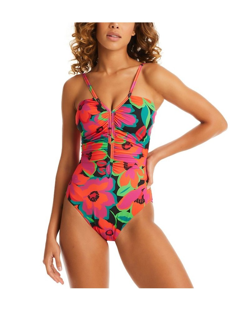 Women's Printed Gardener Shirred-Front One-Piece Swimsuit Multi $40.50 Swimsuits