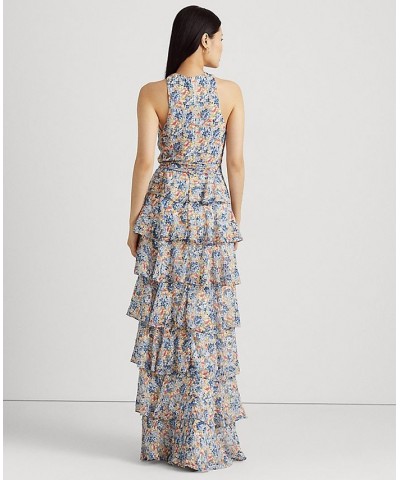 Women's Floral Crinkle Georgette Halter Gown Blue Pink Multi $112.85 Dresses