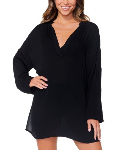 Juniors' San Pedro Long-Sleeve Tunic Cover-Up Black $28.38 Swimsuits