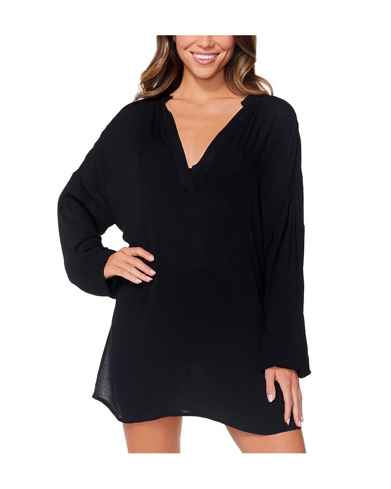 Juniors' San Pedro Long-Sleeve Tunic Cover-Up Black $28.38 Swimsuits